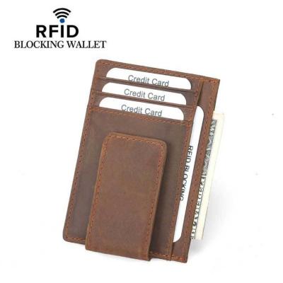 China Couro genuíno Vintage Cow Slim Front Pocket RFID Bloqueio Cartão Portfólio Homens Forte Magnet Leather Money Clip à venda