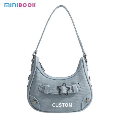 Cina Materiale di rivestimento in poliestere di tendenza Denim Jean Rivets Tote Bag personalizzato per donne in vendita