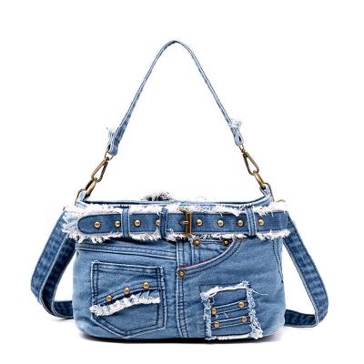 China Denim Shoulder Bag Luxury Vintage Zipper Jean Pants Design Belt Tie Purse for Women for sale