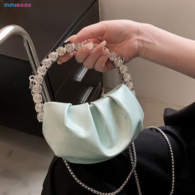 China Custom Logo Women's Half Moon Clutch Purse with Chic Pleated Design and Diamond Handle for sale