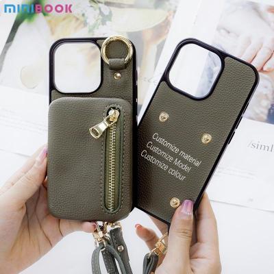 China OEM/ODM Minibook Leather Fashion Cross Body With Necklace Strap On Pouch Phone Case For Iphone 12 Pro Max for sale