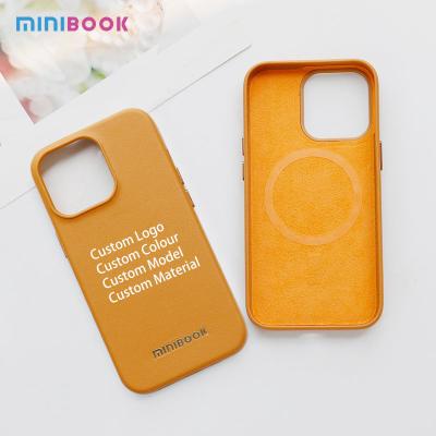 China Customize Embossed Logo Shockproof Wireless Charging Magnetic Pu Leather Phone Case For Iphone 13 14 Pro Max for sale