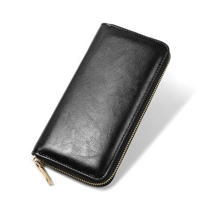 China Double Zipper Design Men's Genuine Leather Long Wallet Luxury Purse with Nylon Lining for sale