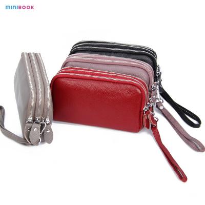 China Long Wallet Minibook Ladies Three-Layer Leather Mobile Phone Bag with Zipper Hasp Closure for sale