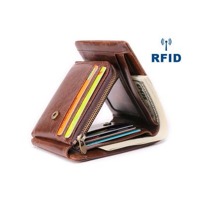 China Men's Genuine Leather Trifold RFID Blocking Zipper Coin Card Purse with Fashion Style for sale