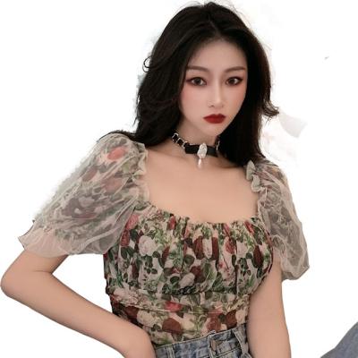 China 2021 Summer Fashion Square Collar Flower QUICK DRY Mesh Stitching Bubble Sleeve Short Blouse for sale