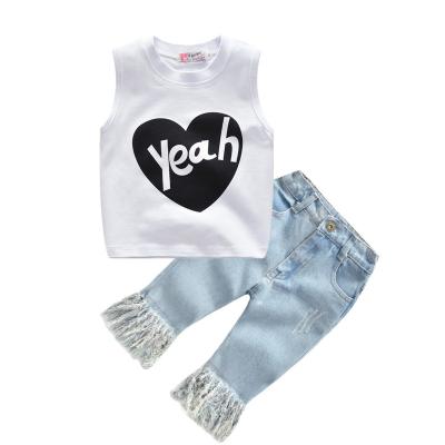 China Girls casual stylish crewneck white tank tops and jeans suits fringed boutique outfit baby clothes sets for sale