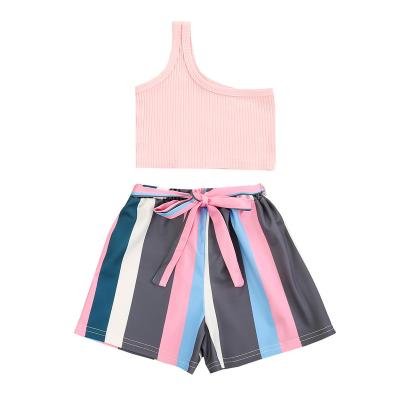 China Fashion Kid Children Boutique Clothing Sets One Shoulder Leg Shorts Pants 2Pcs Pink Upper Wide Leg Clothes for sale