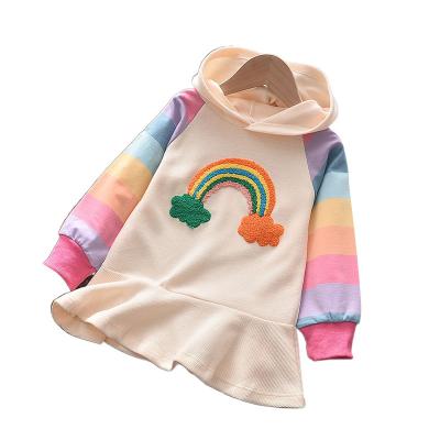 China Anti-wrinkle 2021 fall babies hoodie dress long sleeve rainbow embroidery children's clothing boutique baby rainbow dresses for sale