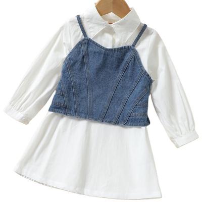 China 2021 Anti-wrinkle wholesale children's boutique clothing autumn girl kids white shirt clothing girls fashionable dresses with denim vest for sale