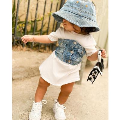 China Anti-wrinkle 2021 new summer white shirt dress with denim stripe fashion kid girl short sleeve kids 2pcs dresses for 2-6T for sale