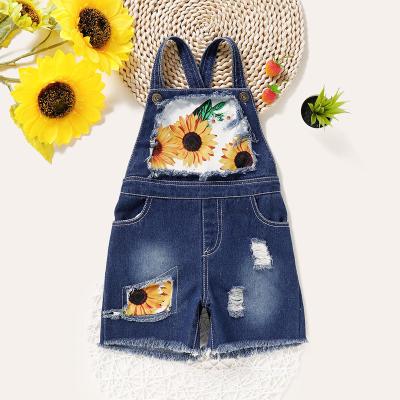 China New Summer Floral Pattern Suspender Jumpsuits Denim Shorts Kids Breathable Ripped Jeans Girls Overall Shorts for sale