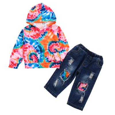 China Autumn Boy Girls Casual Costume Outfit Dyed Tie Dye Toddler Hoodie Jeans Pants Sets Kids Clothing for sale