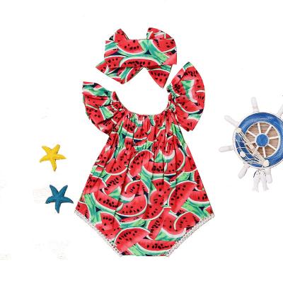 China 2021 New Fashion Cute Printed Off Shoulder Sleeve Baby Summer Rompers Kids Girls Rompers Sets With Headband for sale