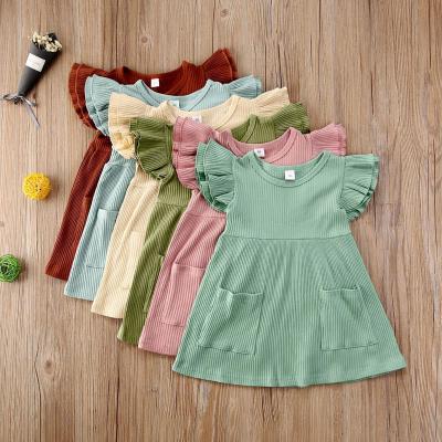 China Anti-wrinkle kids boutique clothing ribbed cotton solid color dress for babies blow sleeve toddler kids dress for sale