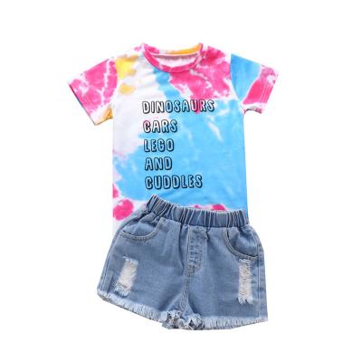 China Casual Tie Dyed Short Sleeve Top And Loose Denim Shorts Boy Suit Clothing Sets 2 Piece Kids Clothes Sets Boys for sale