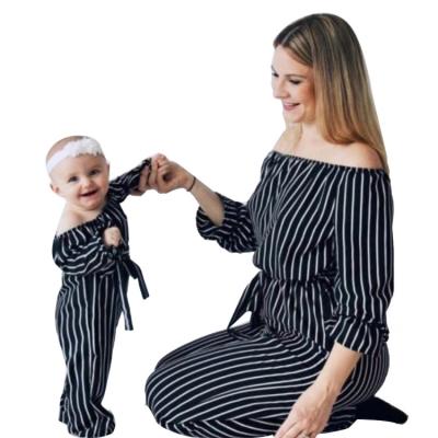 China Mommy and Me One Piece Overalls Off Shoulder Striped Mommy and Me Hot Selling QUICK DRY Outfits Matching Clothes for sale