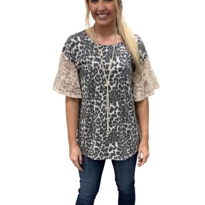 China Anti-wrinkle women o-neck blouse top leopard printed splice lace sleeve T-shirt summer casual tops for sale