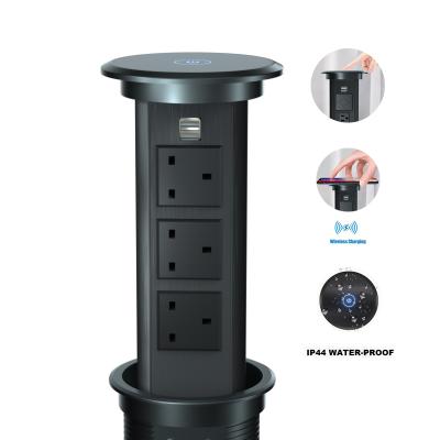 China Motorized Residential / General Purpose Cordless Charging Pop Up Table Socket 3 UK Outlet 2 USB Port for sale