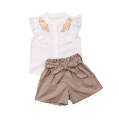 China Baby Girl's Casual Lotus Collar Sleeveless Gold Foil Outfit Tops + Khaki Bow Shorts 2PCS Sets For 1-6T for sale