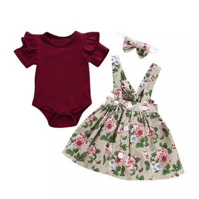 China Fashionable ENGLAND STYLE kids girls clothing 3pcs baby overalls and skirt and headband 3pcs set kids clothing wholesale for sale