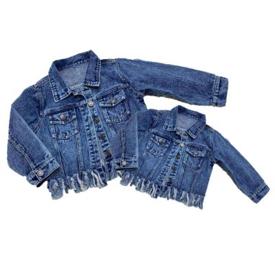 China Free Shipping Mommy And Me Anti Shrink Distressed Denim Jacket With Tassel Short Fringed Babies Jacket With Pocket for sale