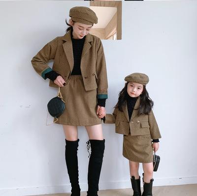 China Wholesale Soft Breathable And Cozy Plaid 3PCS Skirt Hat+ Coat+ Family Matching Outfits Mommy And Me Clothing Matching Sets for sale