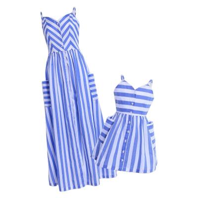 China Viable in Low MOQ Stock Mom and Me Outfits Family Mother and Daughter V-neck Striped Matching Maxi Dress for sale