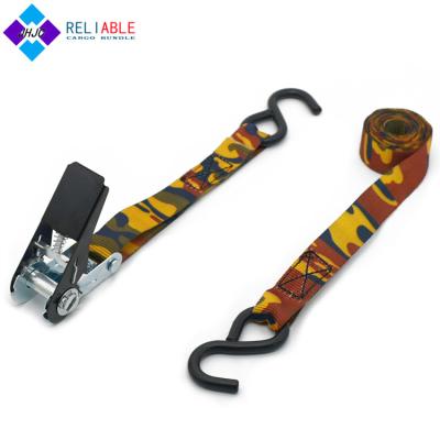 China Doing Cargo Lashing Tie Camouflage Tie Down Belt Strong Ratchet Fishing ATVS 1inch S Hook Camouflage Ratchet Tie Down for sale