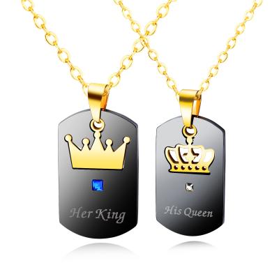 China FASHIONABLE Wholesale FASHIONABLE Square Letter Charm Statement Crown Necklace Couples Necklaces Stainless Steel Gold for sale