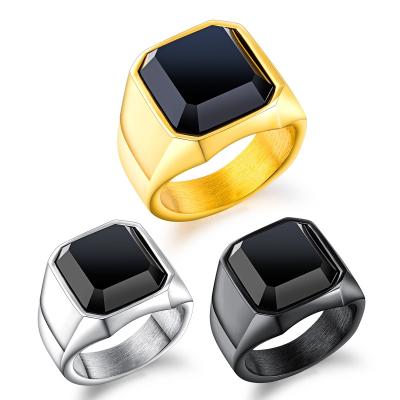 China TRENDY Fashion Big Not Fade Black Stone Men Ring Black Gold Plated Stainless Steel Stirrer Rings for sale