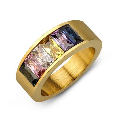 China FASHIONABLE hot sale bling colorful zircon ring gold plated stainless steel rings for sale