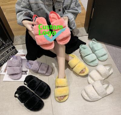 China Fashion Trend Drop Shipping New Custom LOGO Fur Elastic Band Sandals Fur Home Outdoor Slippers For Women for sale