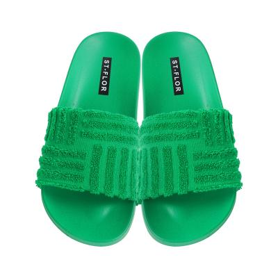 China European and American fashion trend women's slippers fashion color towel fabric green sandals women's outer slippers for sale