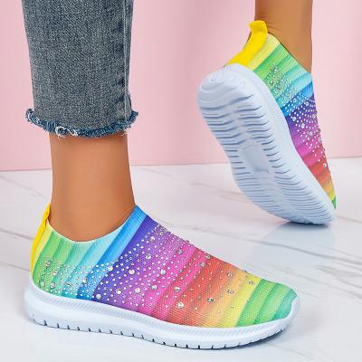 China Fashion Trend Customized LOGO Drop Shipping Latest Rhinestone Plus Size Casual Running Bling Bling Knitted Socks Shoes For Women for sale