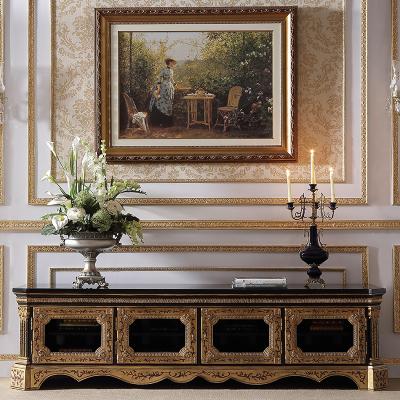 China European British Royal Gold Hand-carved Living Room Furniture Black TV Bench Solid Wood TV Cabinet Stand TV Cabinet Luxury Console for sale