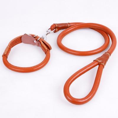 China Durable Light Brown Soft Leather Dog Collar Viable Round Leather Collar And Leash Set With Alloy Buckle for sale