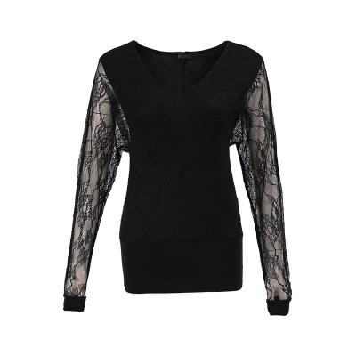 China Summer QUICK DRY Women's High Quality Elegant V-Neckline Lace Stitching Long Sleeve Ladies Hollow Out Elegant Solid Color Long Sleeve Tops for sale