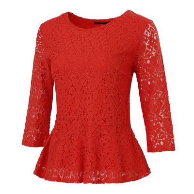 China Summer QUICK DRY Women's High Quality Elegant V-Neckline Lace Stitching Long Sleeve Ladies Hollow Out Elegant Solid Color Long Sleeve Tops for sale