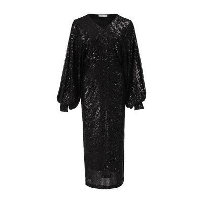 China Spring temperament women's sexy long-sleeved dress V-neck solid color sequins fashion breathable elegant temperament for sale