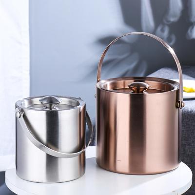 China 2L Double Wall Ice Bucket Durable Portable 304 Stainless Steel Ice Bucket With Cooling Tongs And Lid Bar Champagne Wine Bucket Beer for sale