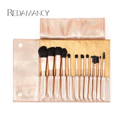 China Angular Blush Retail Price Luxurious Whole Set Thick Olive Aluminum Makeup Brushes With Clutch Bag Package for sale