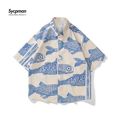 China Fried Street Fish Print Personalized Oversized QUICK DRY American Men's Summer Style Casual Shirts for sale