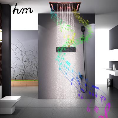 China S.M. Led Light Rainfall Waterfall Shower Bathroom Kit Luxury 2021 Full Set Thermostatic Stainless Sliding Bar With Bluetooth Music for sale