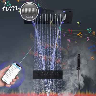 China With S.M. Sliding Bar Stainless Steel Top Spray Led Music Light Colorful Shower Multifunctional Blue Tooth Bathroom Shower Mixer Sets Wall Mounted for sale