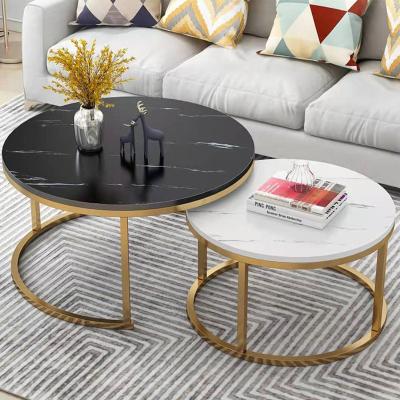 China Modern luxury white metal gold mirror side modern corner tables round top set center tea glass marble coffee table for living room for sale