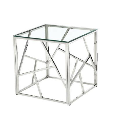 China Modern Fancy Short End Table Shape Rack Round Big Asian Side Lobby Cheap Patio 4 Solid Leg Glass Steel Cafe Hotel White for sale