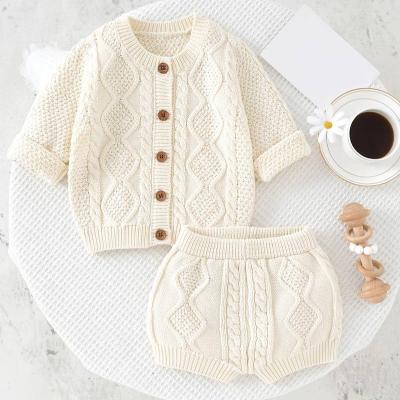 China Custom Knitted Vest Anti Shrink Shorts Cotton Set Button-Up Knit Sweater + Cardigan Shorts for sale