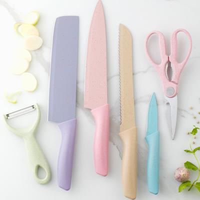 China 6 Pcs Sustainable High Quality Colored Wheat Straw Kitchen Scissors Peeler Knife Set For Vegetable Fruit Cutting for sale