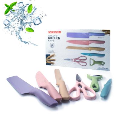 China Viable Colorful Cutting Chef Knife Professional 6 Pcs Stainless Steel Vegetable Fruit Kitchen Set With Non-stick Blade Gift Box for sale